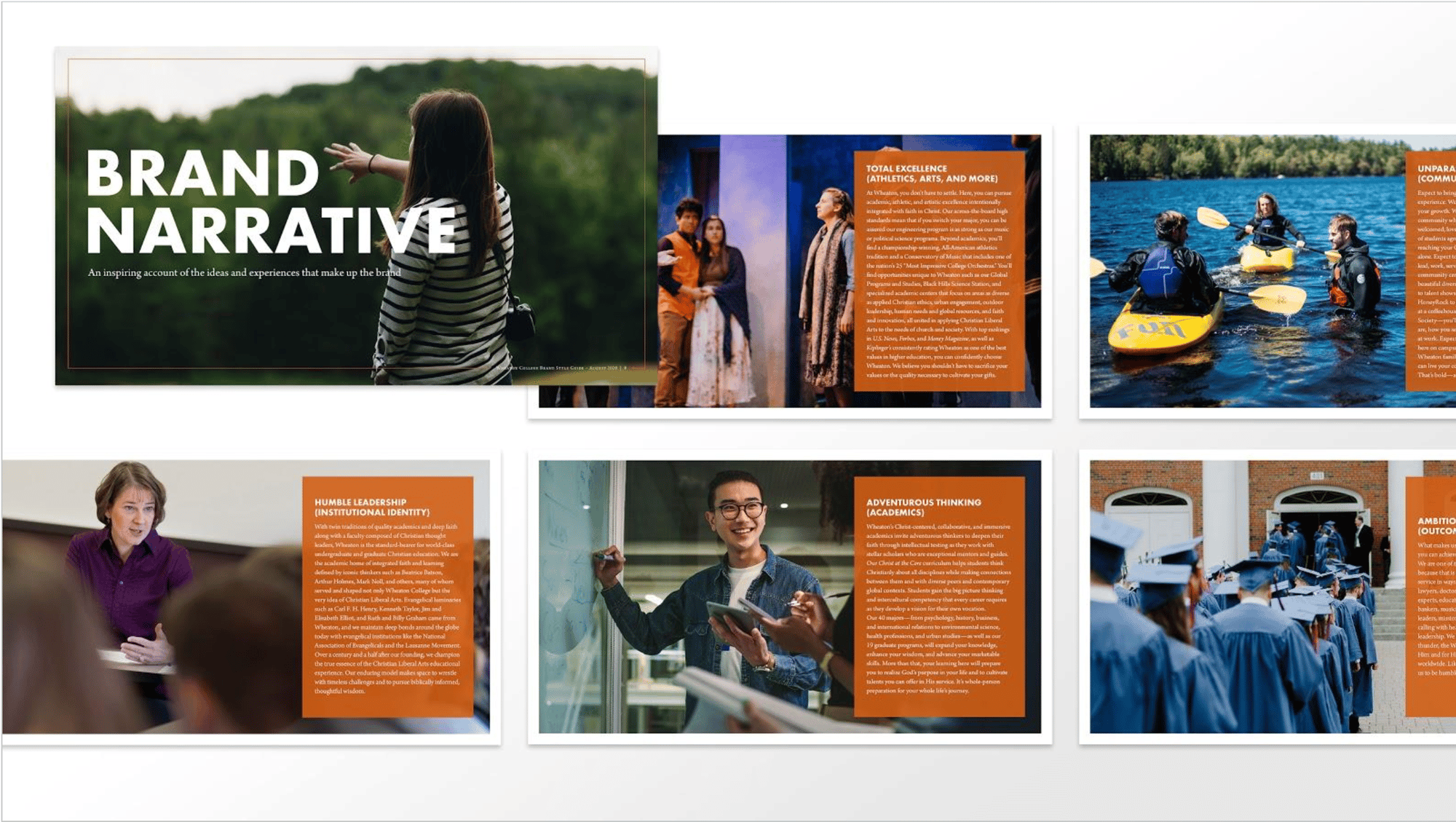 A collage of images and text panels. Top left panel shows a person in nature with the text "Brand Narrative." Other panels feature diverse activities including theatre, kayaking, classroom learning, and a graduation ceremony, each accompanied by descriptive text.