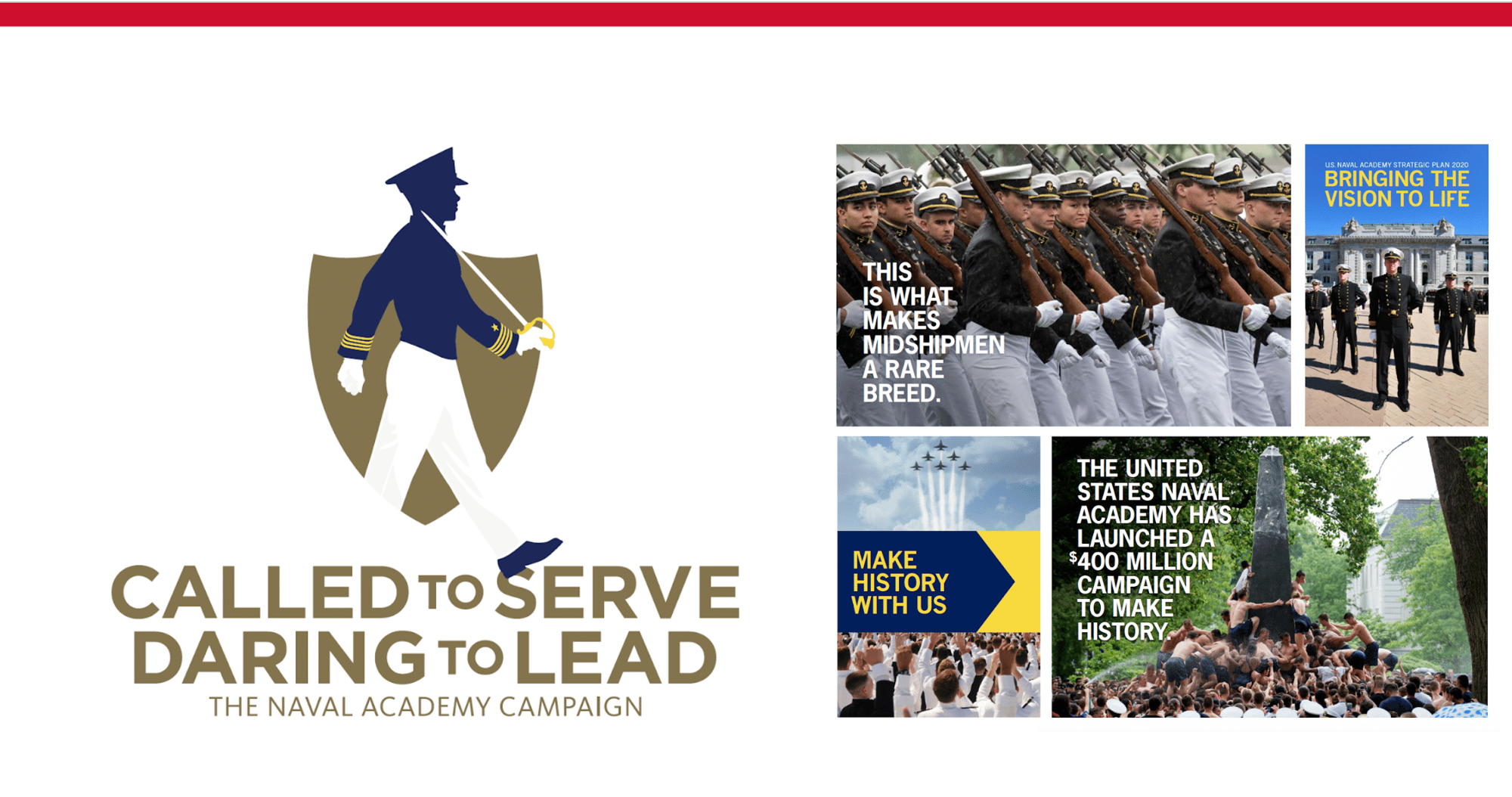 Samples of print collateral pages for the Naval Academy advancement campaign